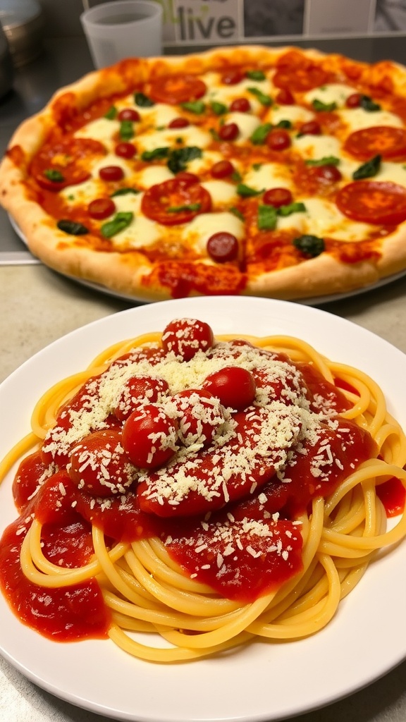 A plate of spaghetti with tomato sauce and Parmesan cheese next to a colorful pizza with mozzarella cheese and various toppings.
